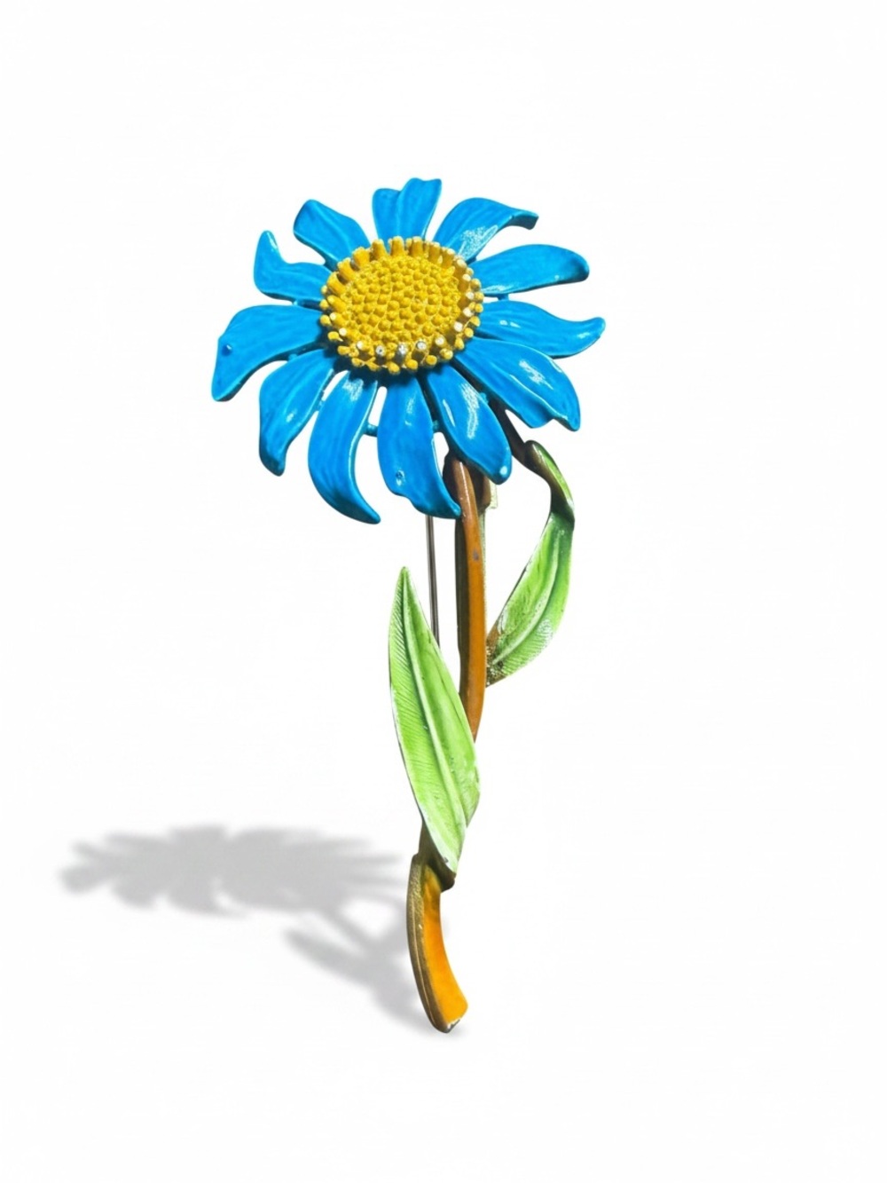 Vintage Blue Daisy Enamel Flower Brooch Pin Retro Floral Statement Jewelry